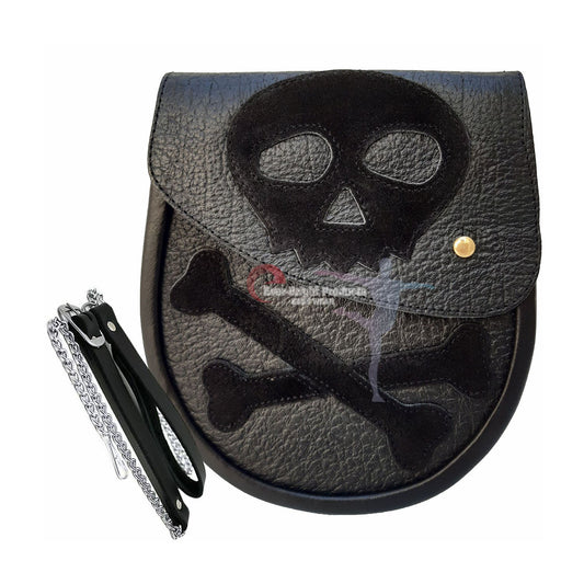 Scottish Kilt Semi Dress Sporran Genuine 100% Real Leather Black SKULL Sporran