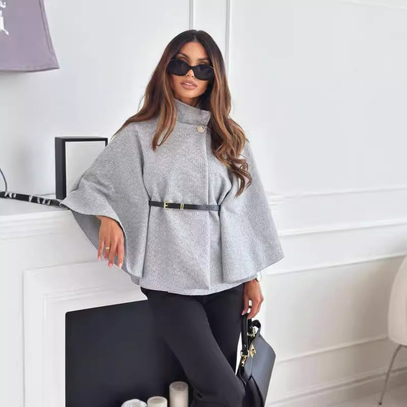 New Stand Collar Batwing Sleeves Cloak Top With Belt Ins Fashion Temperament Jacket Woolen Sweater Outwear For Women Clothing LadyShow.Store