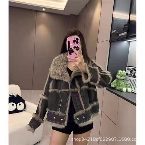 Women's Young Lamb Wool Short Stitching Coat Best YouTube Store