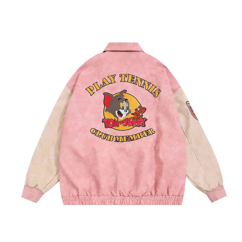 Men's Cartoon Embroidered Cat and Mouse Baseball Jacket Pi-Mart