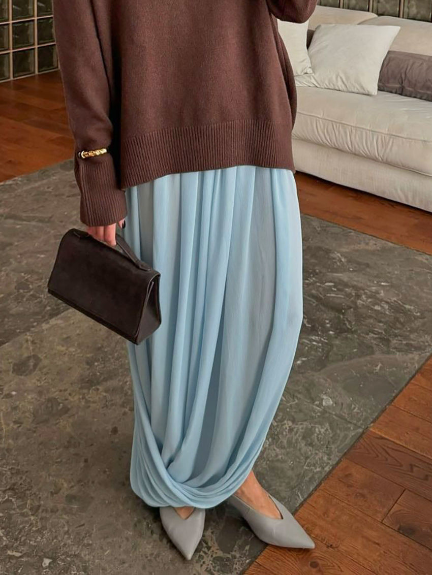 Draped Pleated Wide Leg Maxi Skirt NorixaFashion.com