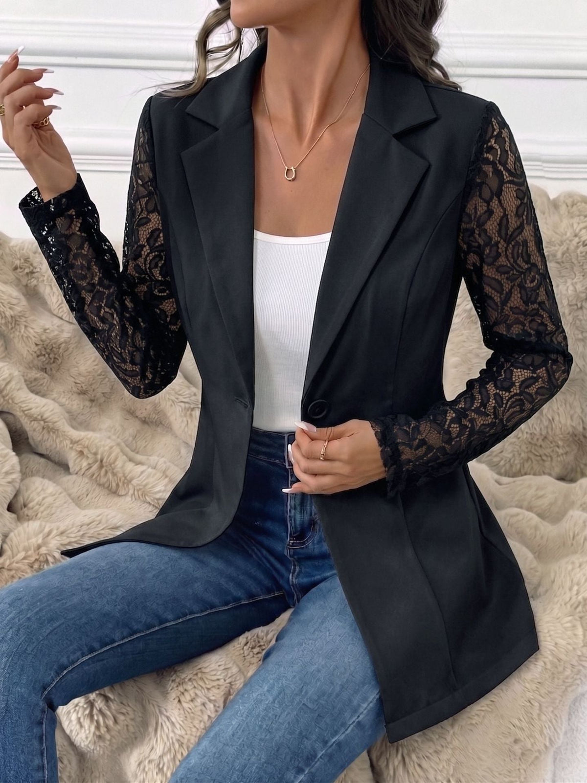 European And American Cross-border 2026 Autumn New Fashion Lapel Slim-fit One-button Blazer With Lace Long-sleeve Patchwork Jacket NorixaFashion.com