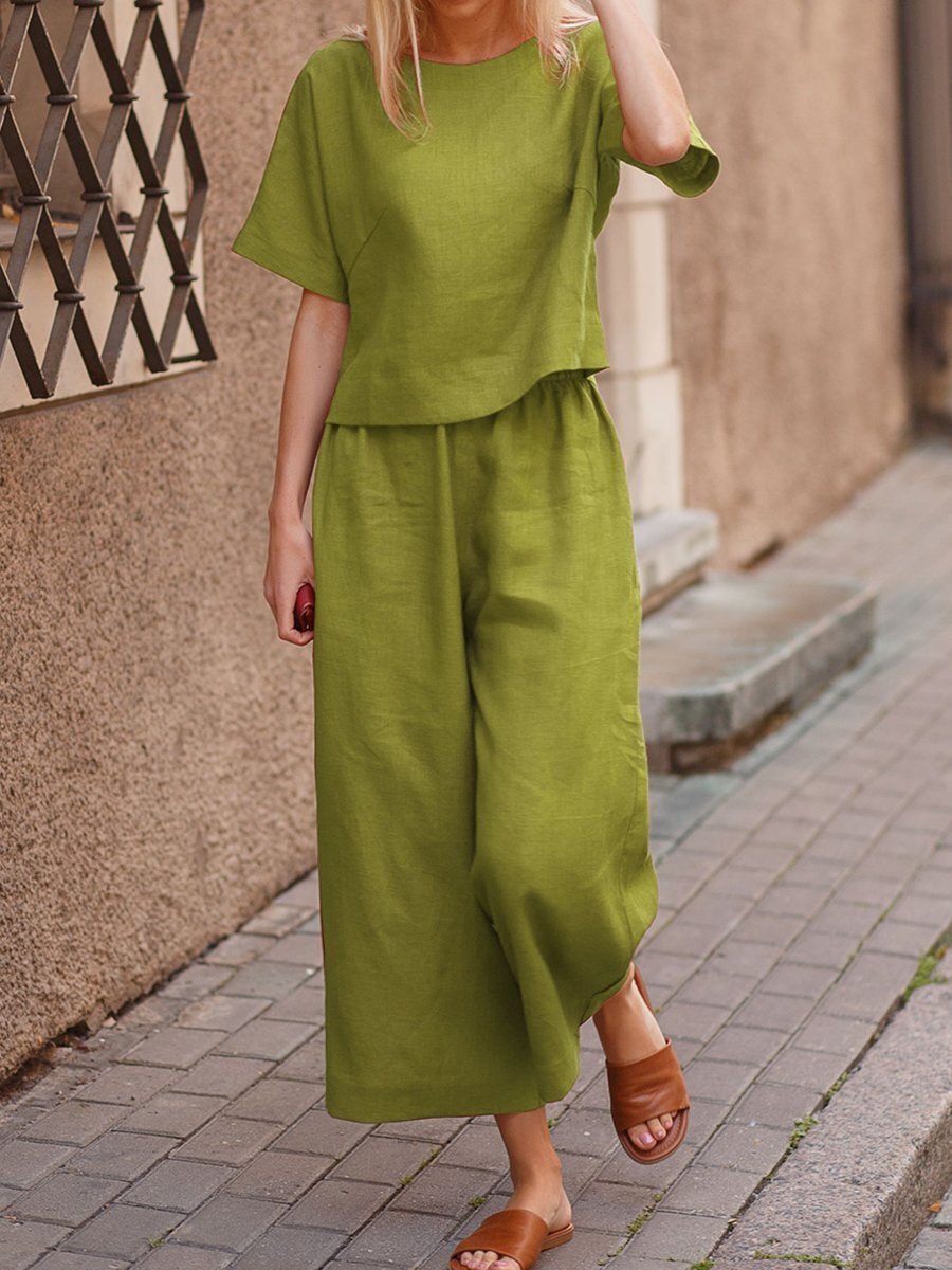 European And American Women's Linen Casual Loose Solid Color Suit Two-piece Women LadyShow.Store