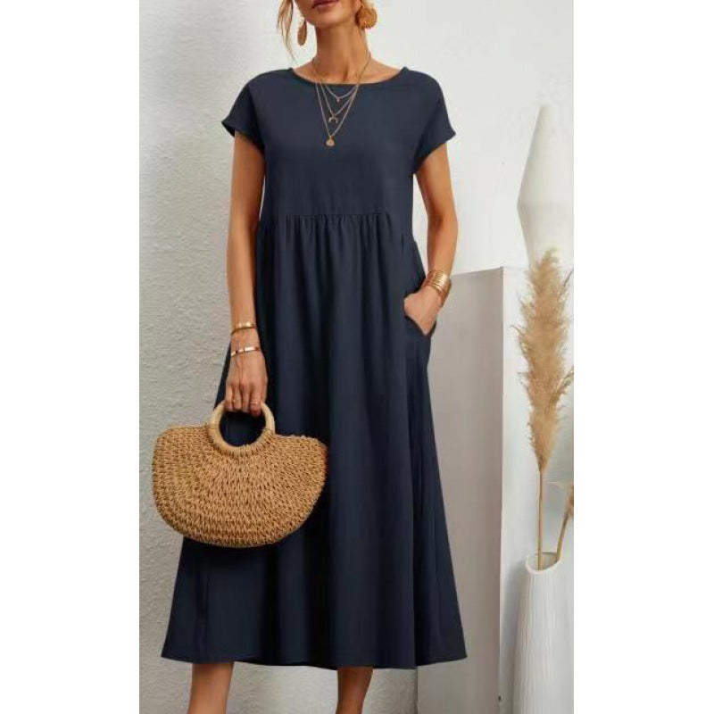 2026 New European And American Women's Round Neck Solid Color Pullover Comfortable Casual Dress NorixaFashion.com