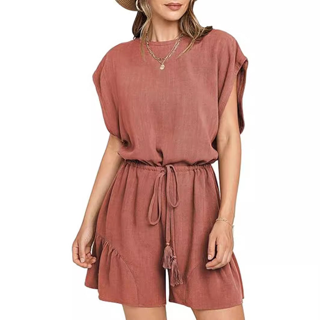 Cotton And Linen Jumpsuit Loose Waist Short Sleeve Women LadyShow.Store