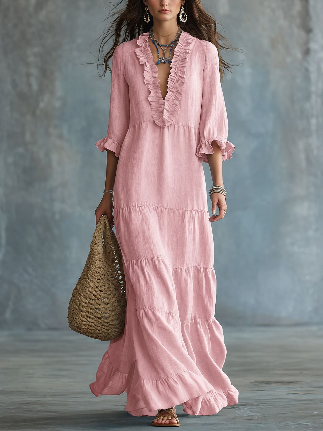 Womens V-neck Layered Casual Flowing Maxi Dress With Ruffled Hem NorixaFashion.com