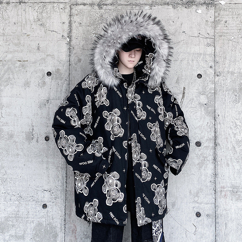 Plus Size Hip Hop Cotton Jacket with Bear Print Pi-Mart