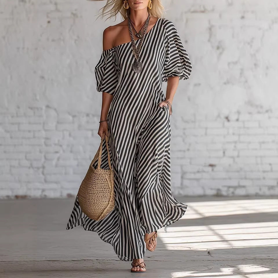 Womens Striped Off-shoulder Dress LadyShow.Store