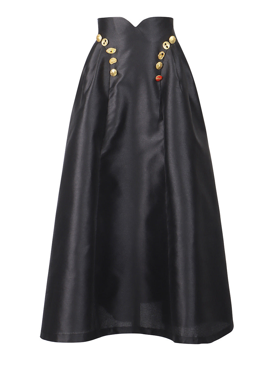 Irregularly Shaped Button-decorated Pleated Midi Skirt NorixaFashion.com