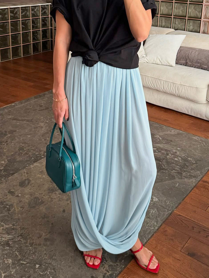 Draped Pleated Wide Leg Maxi Skirt NorixaFashion.com