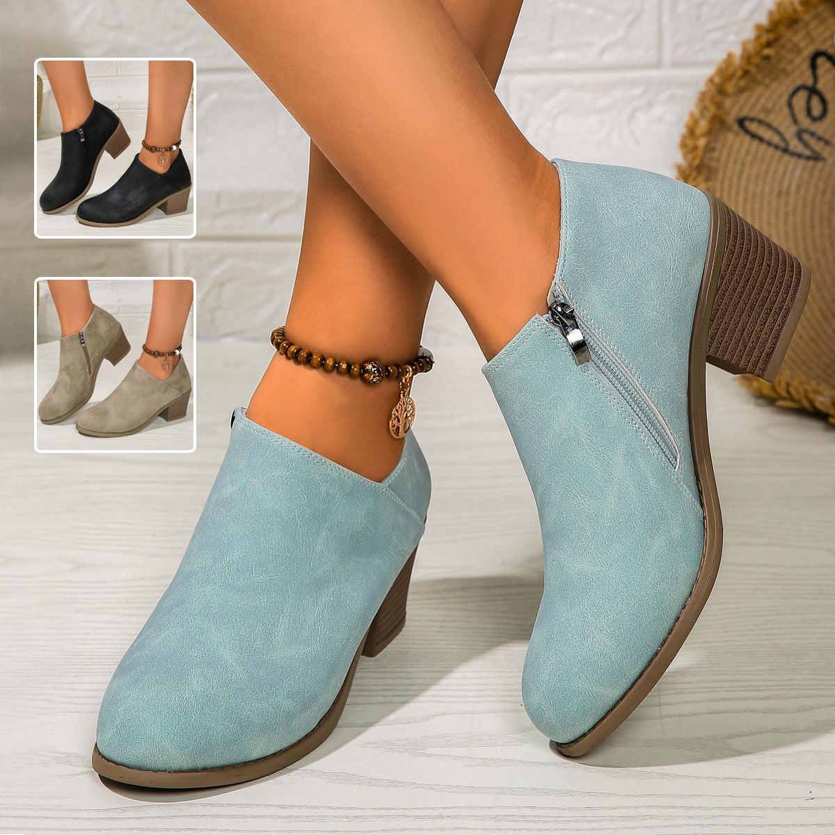 Chunky Heel Round Toe Ankle Boots With Side Zipper Design Fashion Fall Winter Short Boots For Women Shoes CJD
