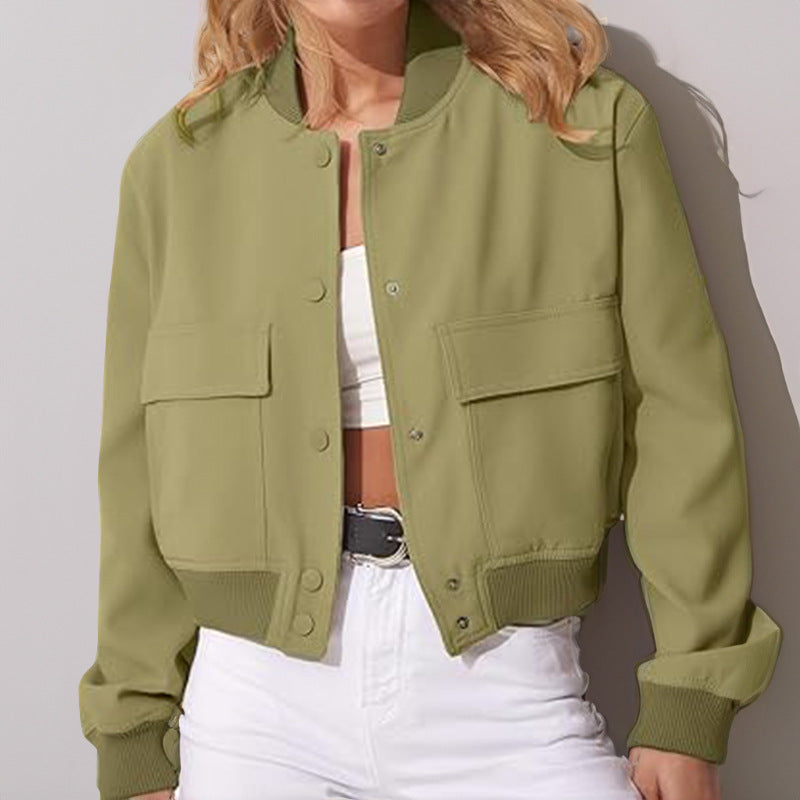 Fashion Button Stand-collar Jacket With Big Pockets Casual Loose Short Outwear Tops Coat For Women Clothing LuxuryLifeWay Online Store