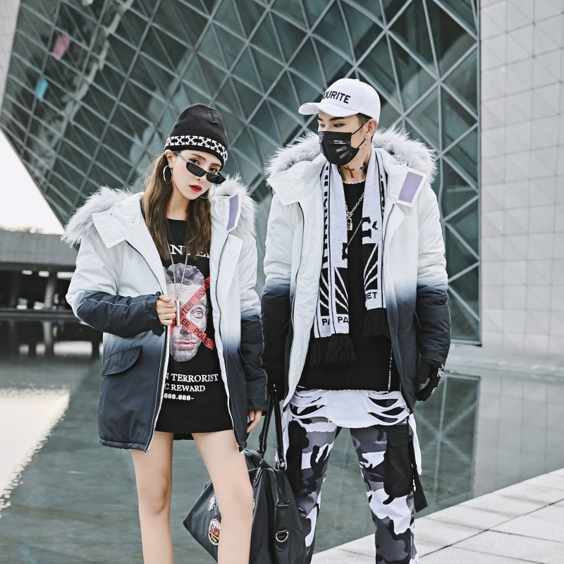 Gradient Cotton Jacket with Large Fur Collar for Couples Pi-Mart