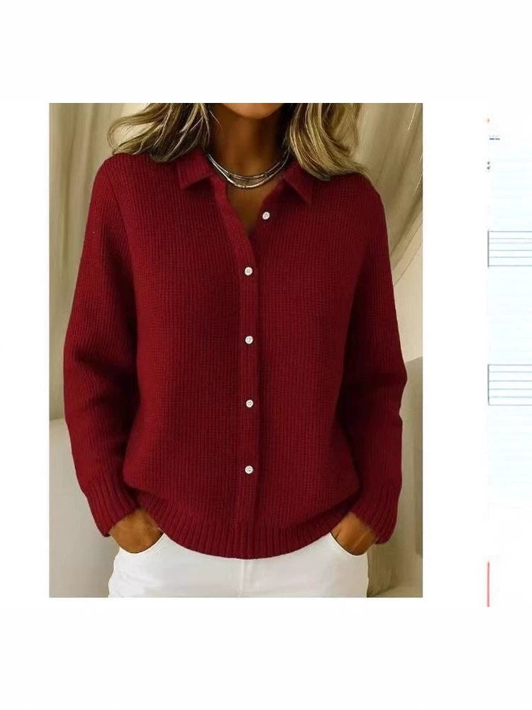 2026 New European And American Cross-Border Turn-Down Collar Solid Color Sweater Cardigan European And American Cross-Border Casual Knit Jacket For Women In Autumn And Winter NorixaFashion.com
