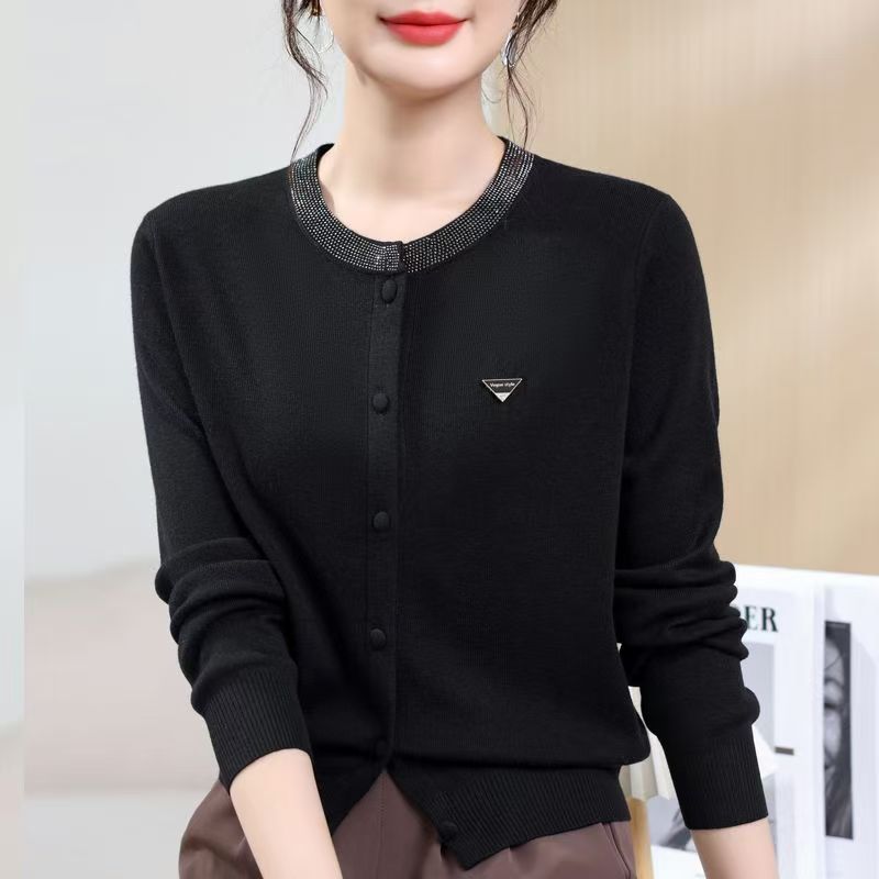 Womens Round-Neck, Diamond-Embellished, Solid-Colored Knit Cardigan LadyShow.Store