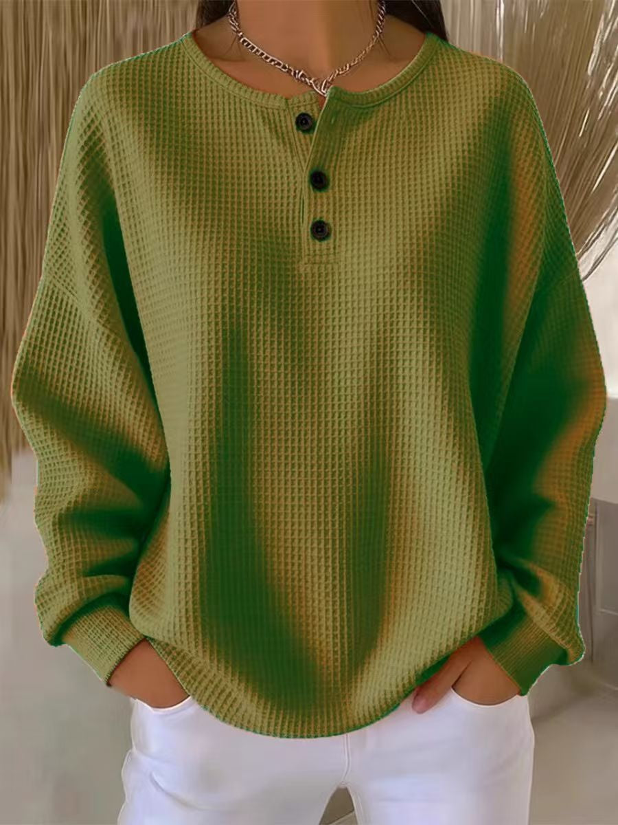 Ins Waffle Long-sleeved T-shirt Fashion Solid Color Buttons Round Neck Pullover Top Women's Clothing NorixaFashion.com