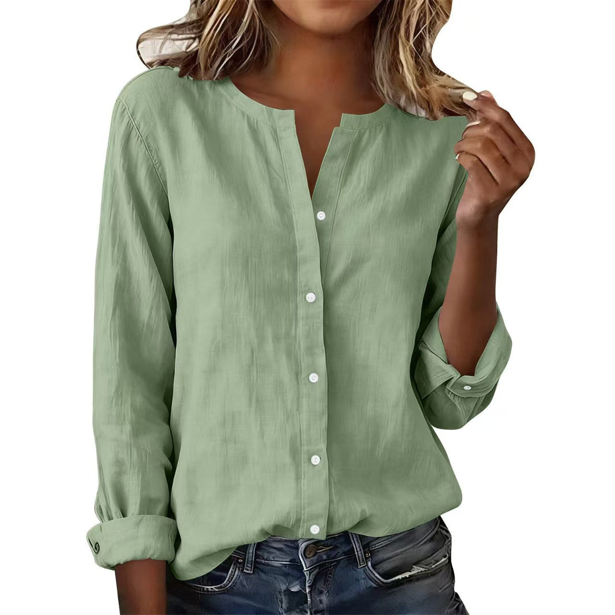 2026 European And American  Independent Site Bamboo Cotton Plus-Size Casual Stand-Collar Women's Shirt NorixaFashion.com
