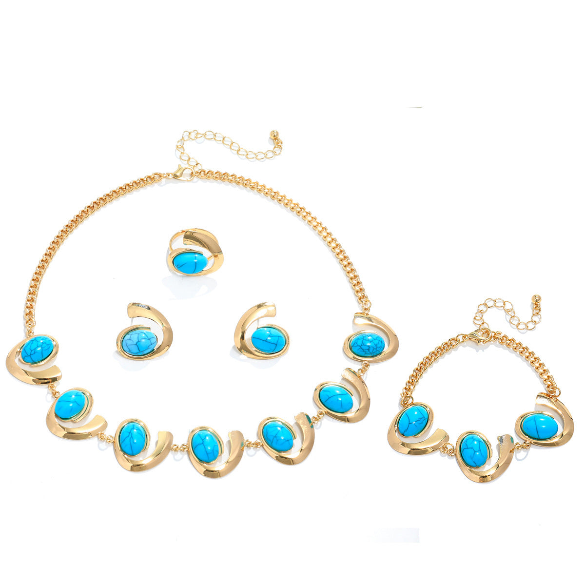 Inlaid Turquoise Spiral Earrings Necklace Bracelet Ring Set LadyShow.Store