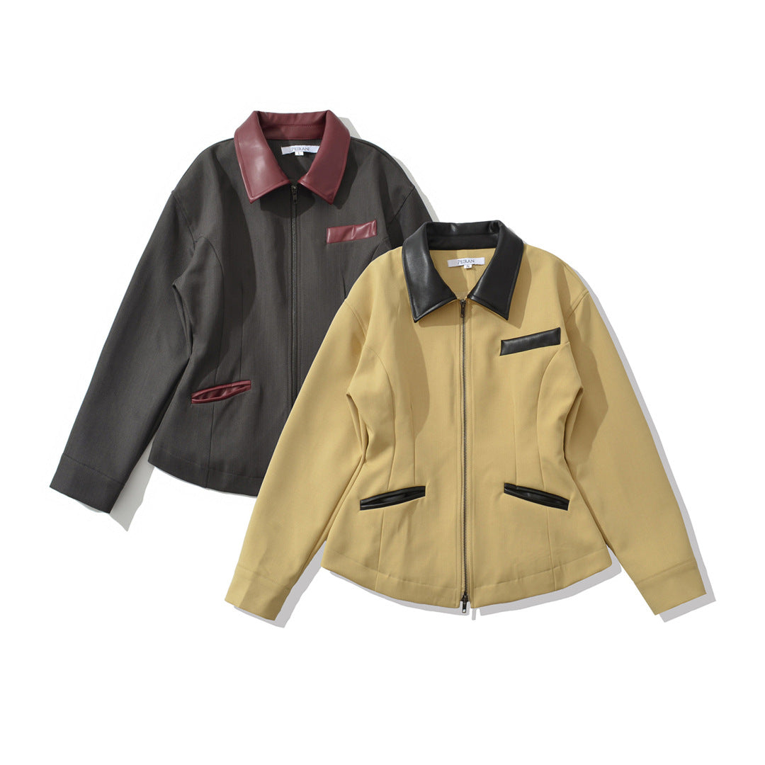 Retro Lapels Contrast Color Waist-tight Motorcycle Slim-fit Leather Coat Zipper Jacket LadyShow.Store