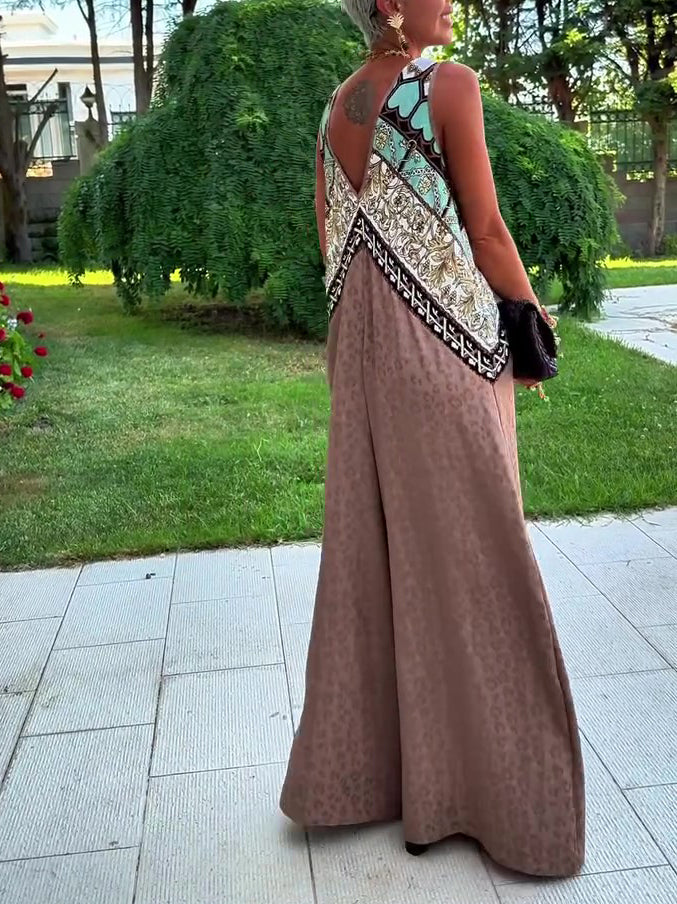Ethnic Print Paneled Sleeveless Wide-Leg Jumpsuit NorixaFashion.com