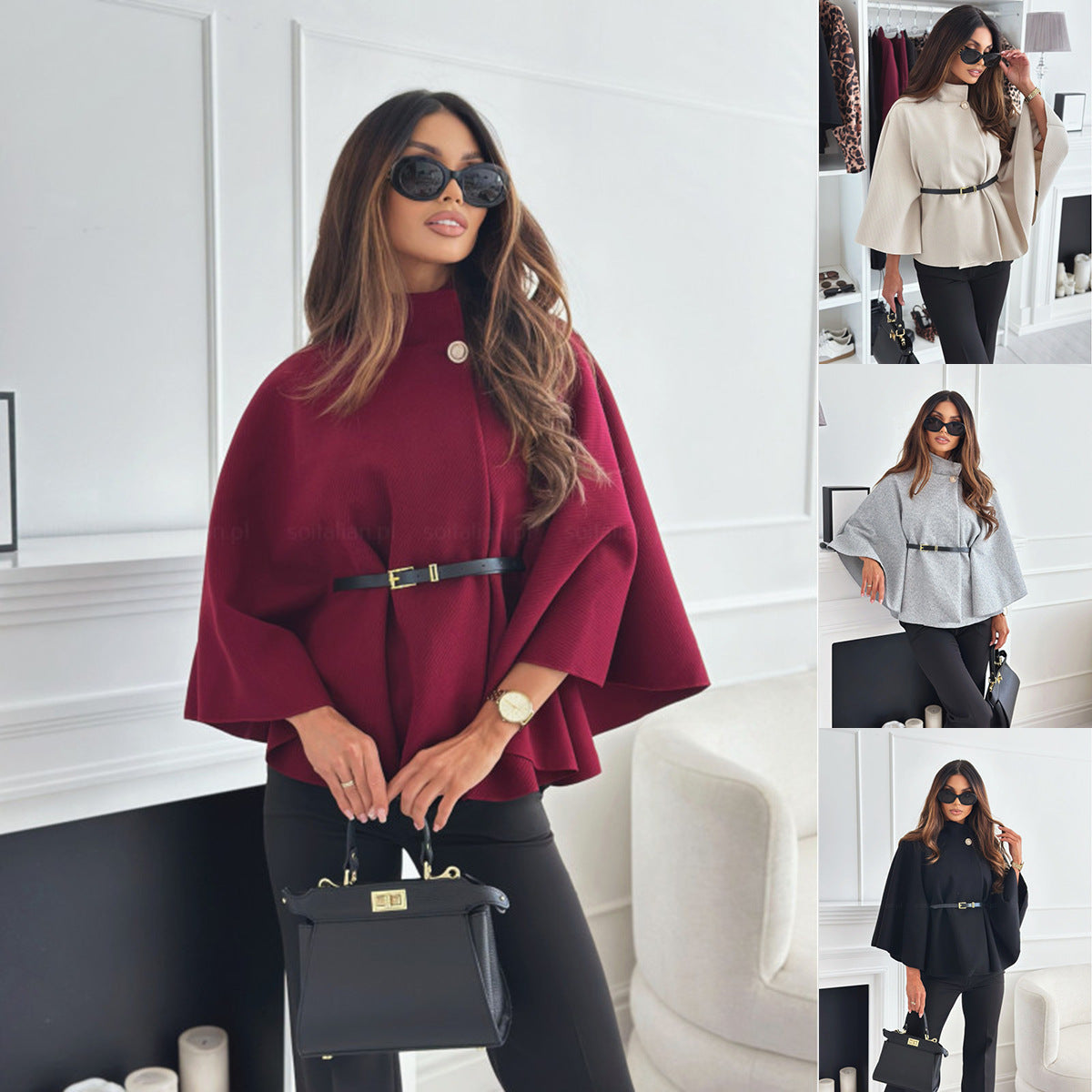New Stand Collar Batwing Sleeves Cloak Top With Belt Ins Fashion Temperament Jacket Woolen Sweater Outwear For Women Clothing LadyShow.Store