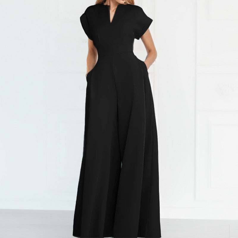 2026 Summer New Women's Fashion Commuter V-neck Waist Solid Color Wide Leg Jumpsuit NorixaFashion.com