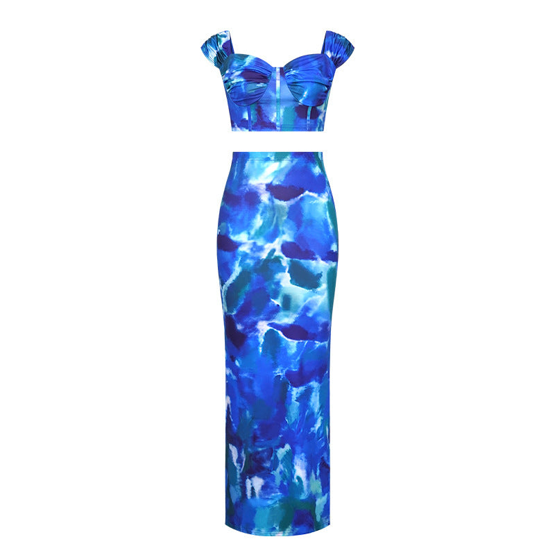 Printed Cropped Camisole With Straps Figure-hugging Sheath Maxi Skirt LadyShow.Store