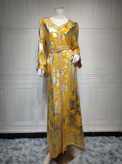 Muslim Bronzing Robe Women's Two Piece Belted Dress LadyShow.Store
