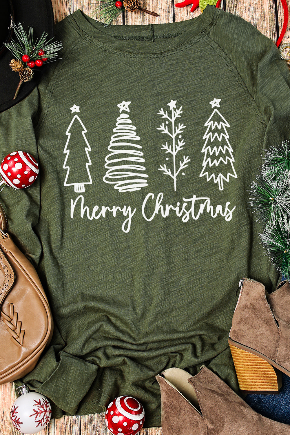 Thea Merry Christmas Trees Thumbhole Sleeve Graphic Tee LuxuryLifeWay Online Store