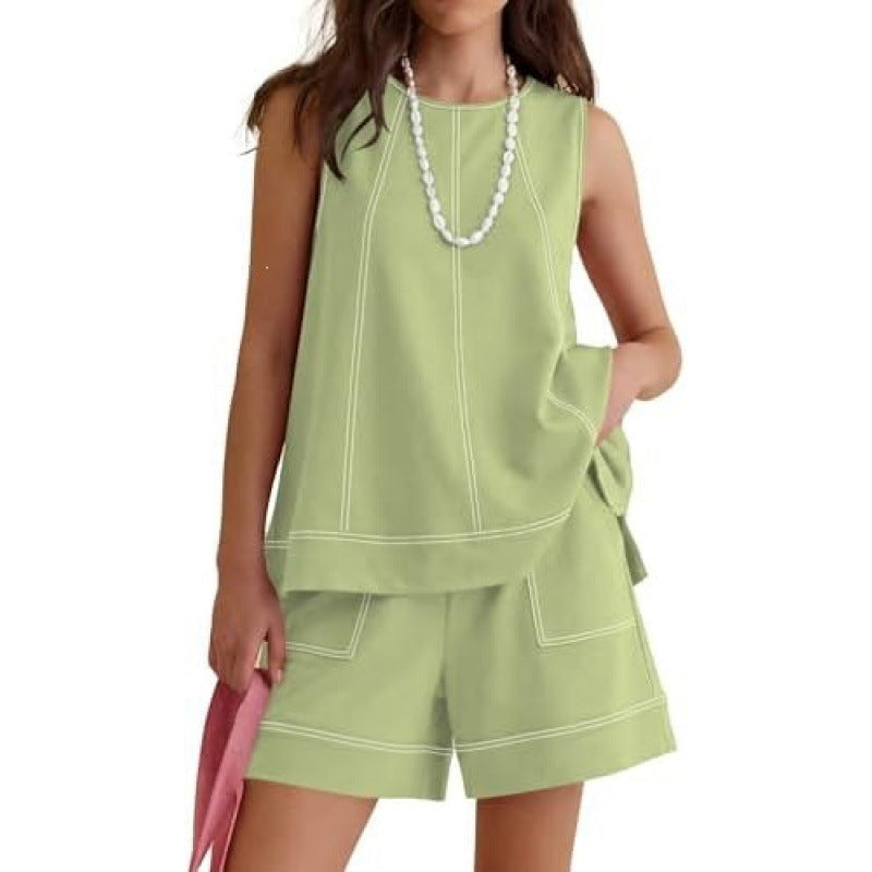 Summer Crew-neck Sleeveless Tank Top With Drawstring NorixaFashion.com