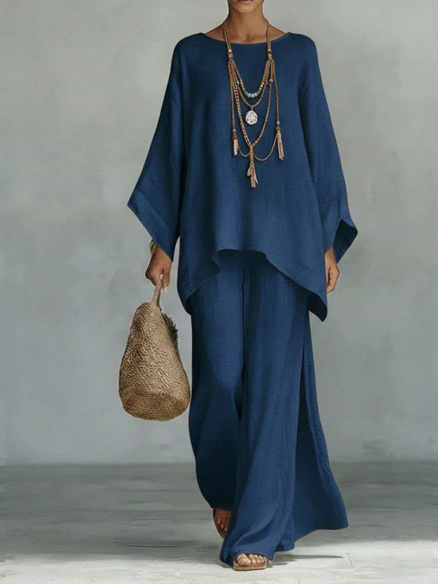 Casual 2-piece Set Loose Long-sleeved Wide-leg Trousers For Womens Minimalist Relaxed-fit Top And Wide-leg Pants Set For Daily Wear Work Vacation Outfits NorixaFashion.com