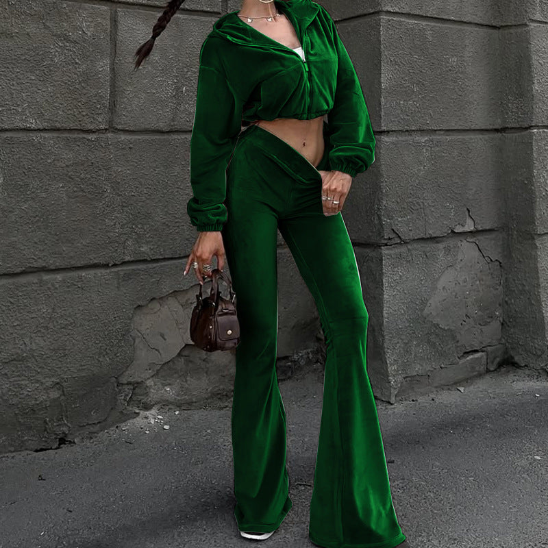 Women's Autumn New Casual Velvet High-Waist Top And Flared Pants Two-Piece Set LadyShow.Store