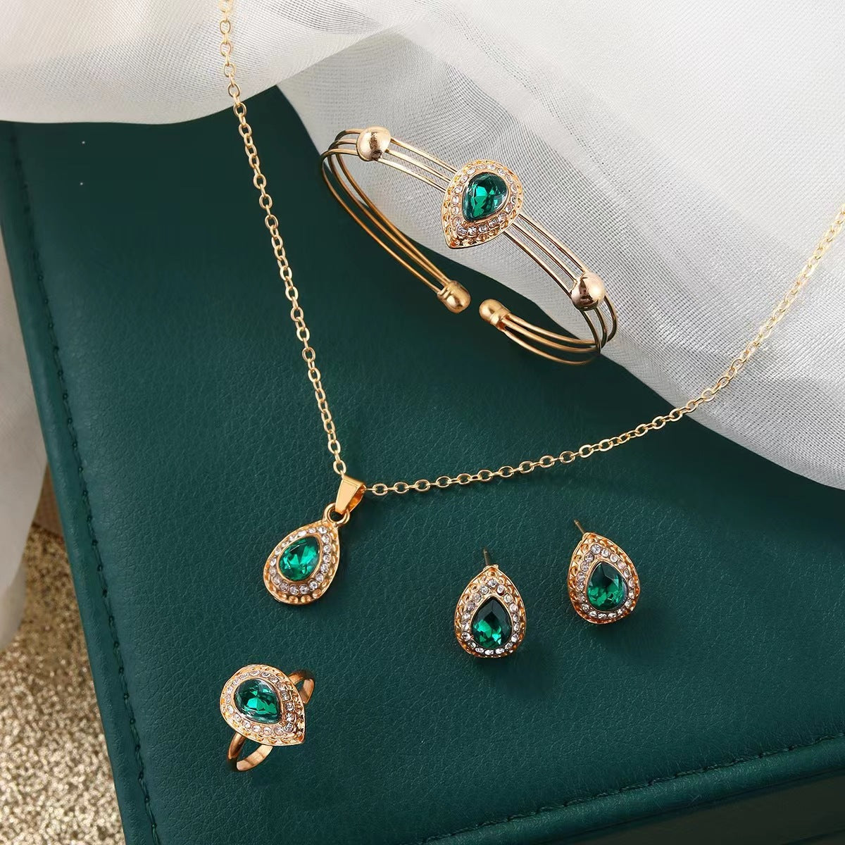 Jewelry Suit Women's Water Drop Gem Series Necklace Earring Ring Bracelet Four-piece Set LadyShow.Store