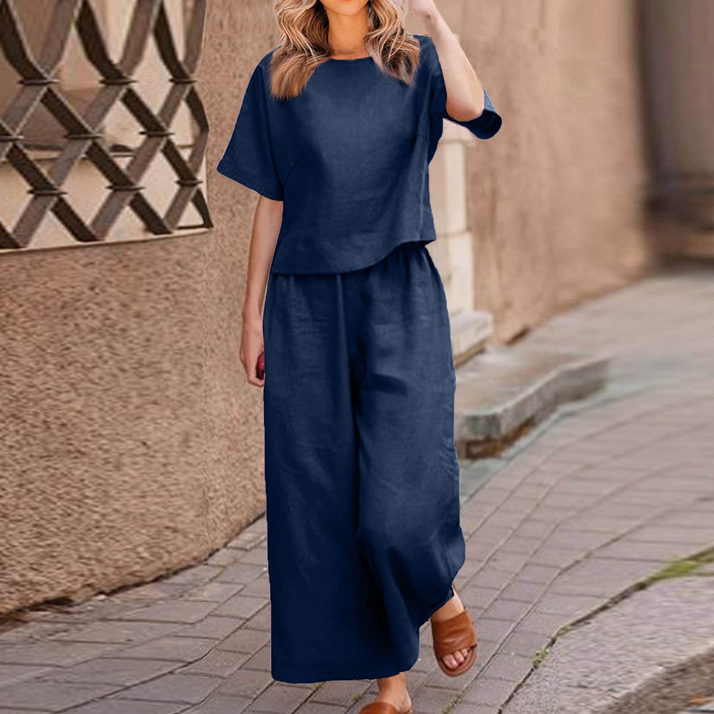 European And American Women's Linen Casual Loose Solid Color Suit Two-piece Women LadyShow.Store
