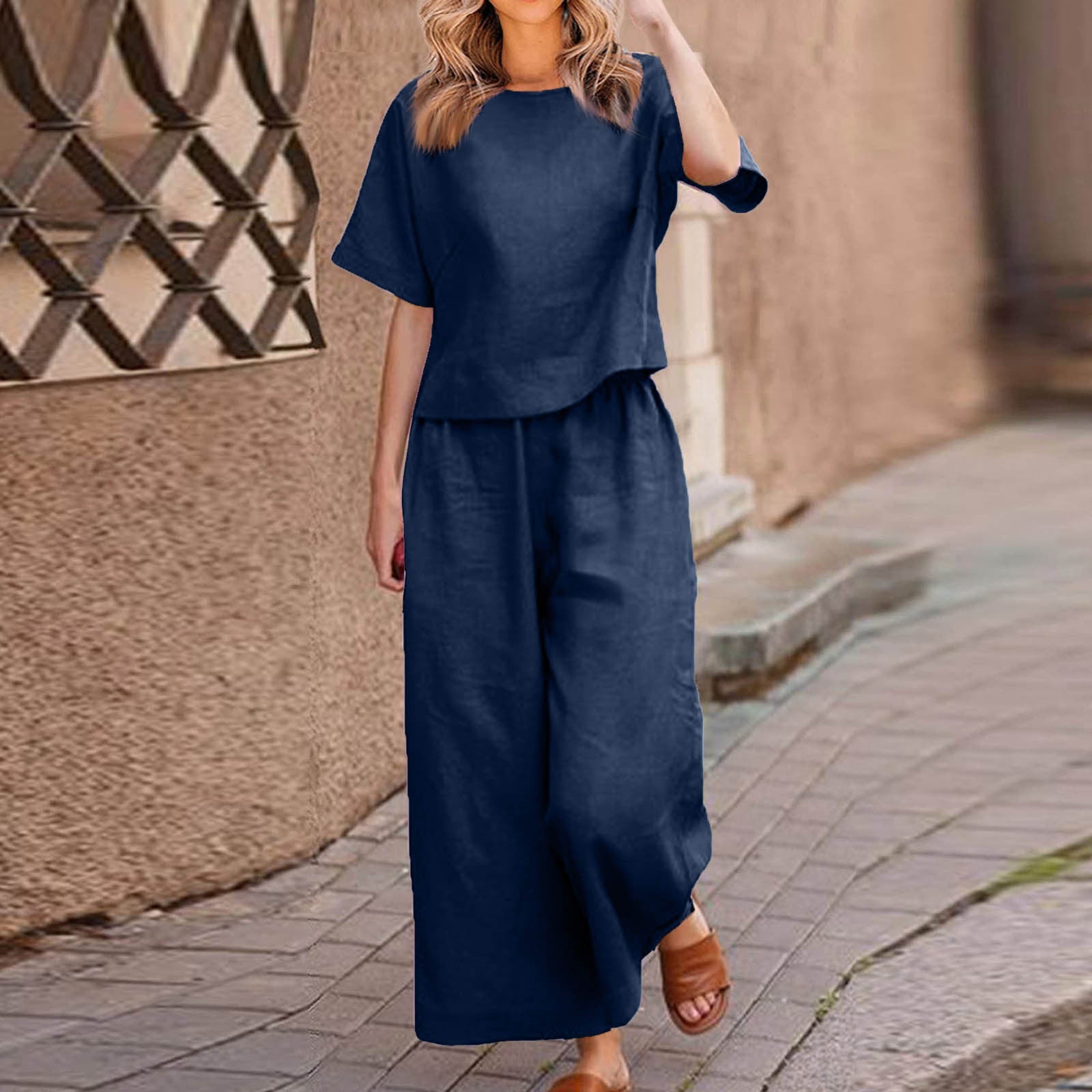 European And American Women's Linen Casual Loose Solid Color Suit Two-piece Women LadyShow.Store