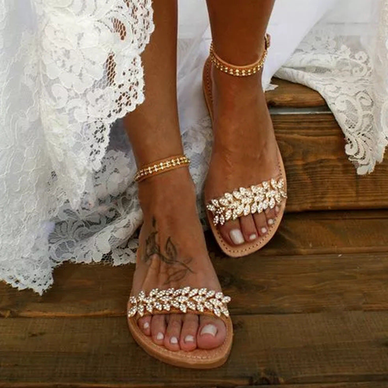 New Women's Word Buckle Strap Fashion Rhinestone Flat Large Size Sandals LadyShow.Store