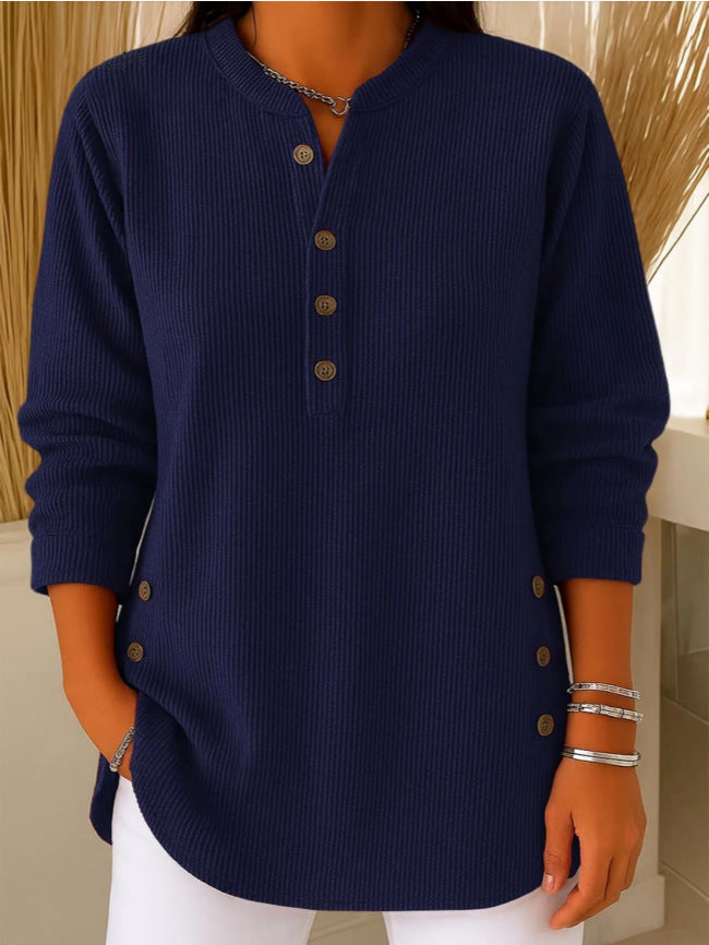V-neck Buttons Sweater Fashion Casual Solid Color Long-sleeved Tops Women's Blouse T-shirt Clothing NorixaFashion.com