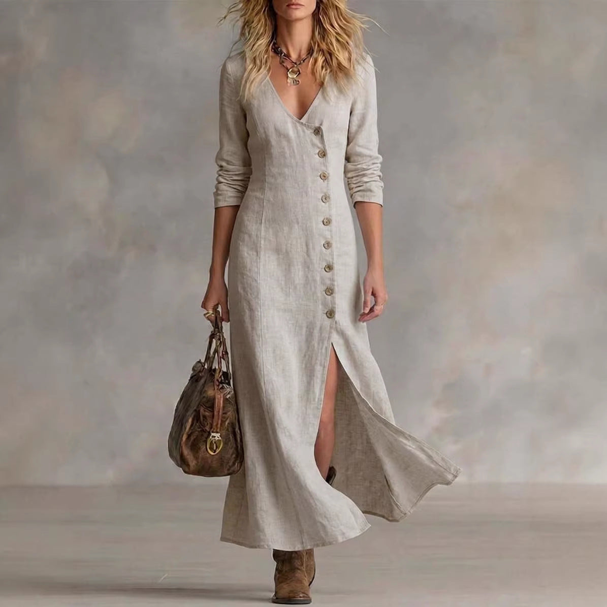 Fashionable Casual Cotton-Linen Long-Sleeve Womens Dress NorixaFashion.com