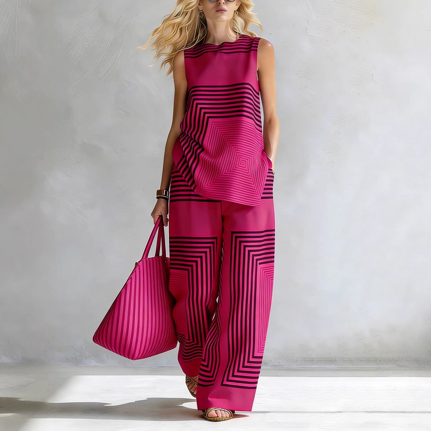 Lightweight Geometric Striped Sleeveless Top And Wide-leg Pants NorixaFashion.com