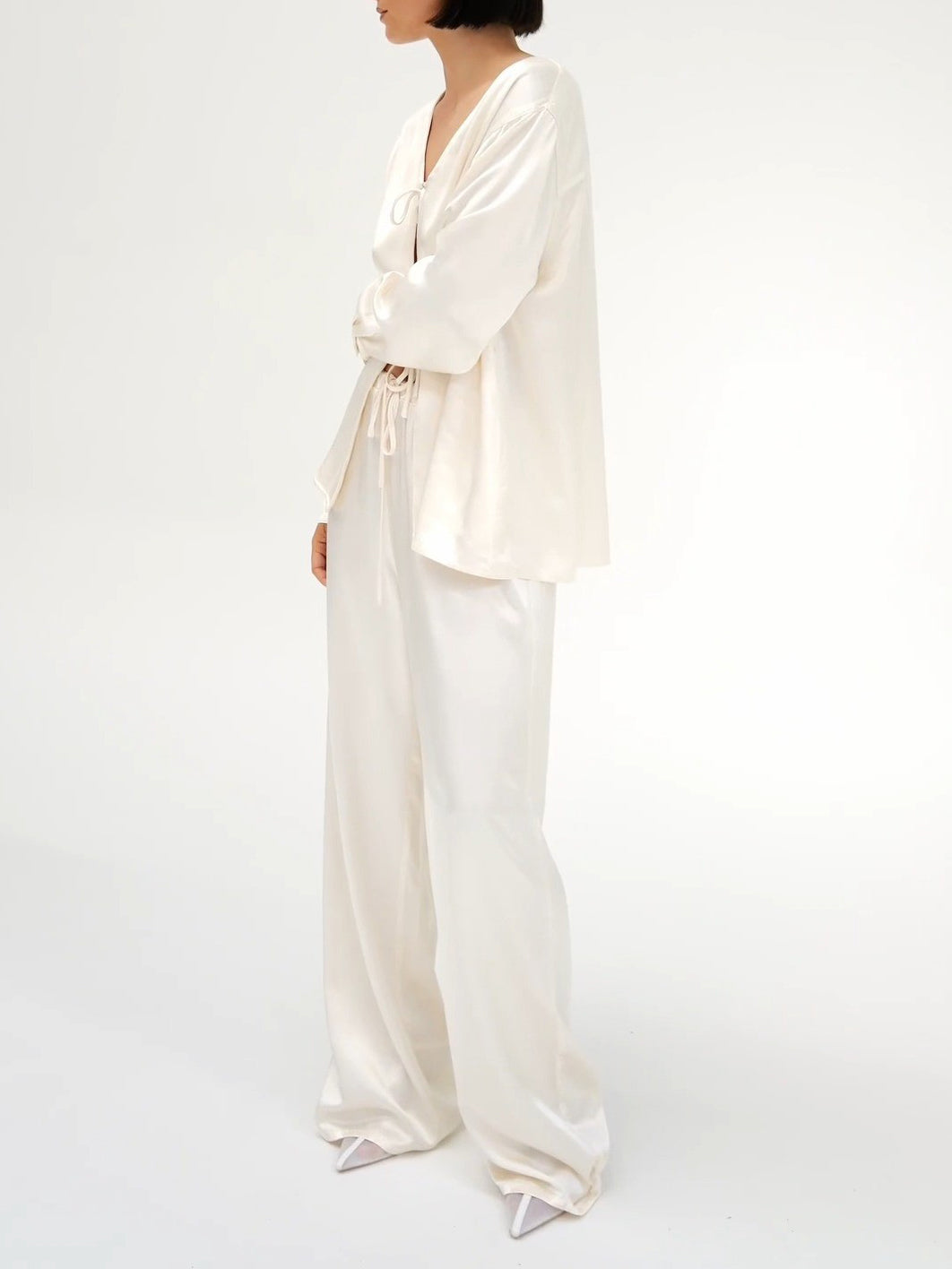 Cream Satin Tie-Front Top And Wide-Leg Pants Set NorixaFashion.com
