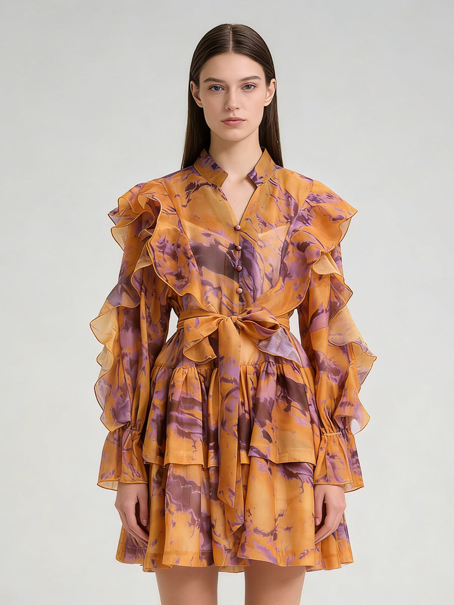 V-neck Ruffled Tie-waist Dress NorixaFashion.com