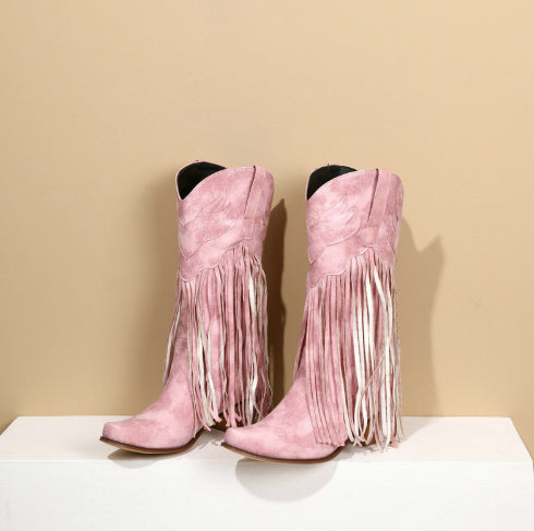 Womens Retro Mid-Calf Chunky Heel Round-Toe Boots LadyShow.Store