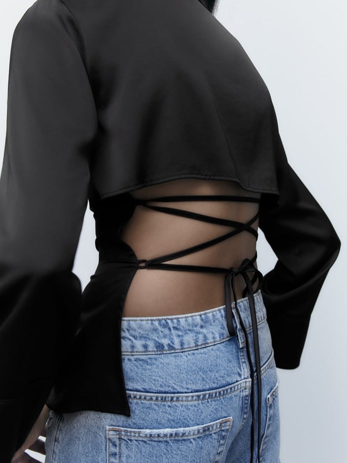 Black Satin Backless Lace-up Shirt NorixaFashion.com