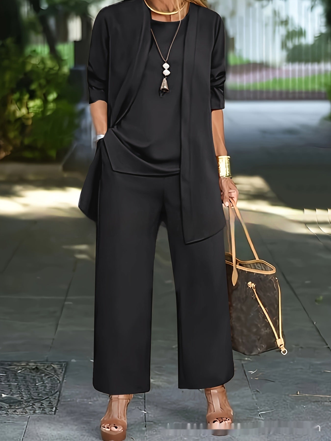 3-piece Cardigan Suit Pure Color Split Sleeveless Vest Top Long Sleeve Jacket And Wide Leg Pants Set NorixaFashion.com