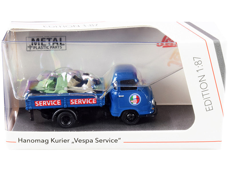 Hanomag Kurier Transporter "Vespa Service" Blue with 2 Vespas (Green and Cream) 1/87 (HO) Diecast Models by Schuco LuxuryLifeWay Online Store