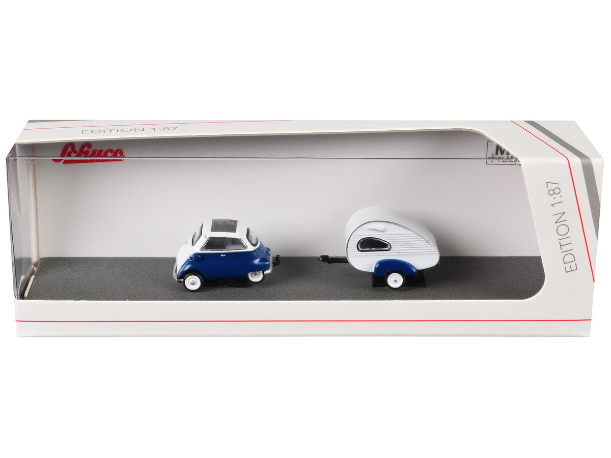 BMW Isetta Blue and White with Home Trailer 1/87 (HO) Diecast Model Car by Schuco LuxuryLifeWay Online Store