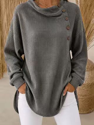 Womens Solid-Color Waffle-Weave Long-Sleeve Button-Up Casual Shirt Comfortable Top NorixaFashion.com