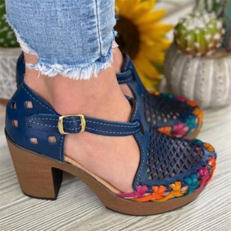Printed Ethnic Style High-heeled Women's Floral Buckle Chunky Heel Toe Roman Sandals LadyShow.Store