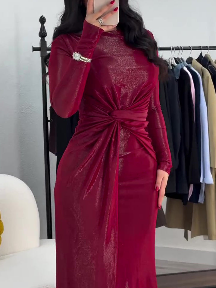 Metallic Maxi Dress With Twist Front Detail And Long Sleeves NorixaFashion.com