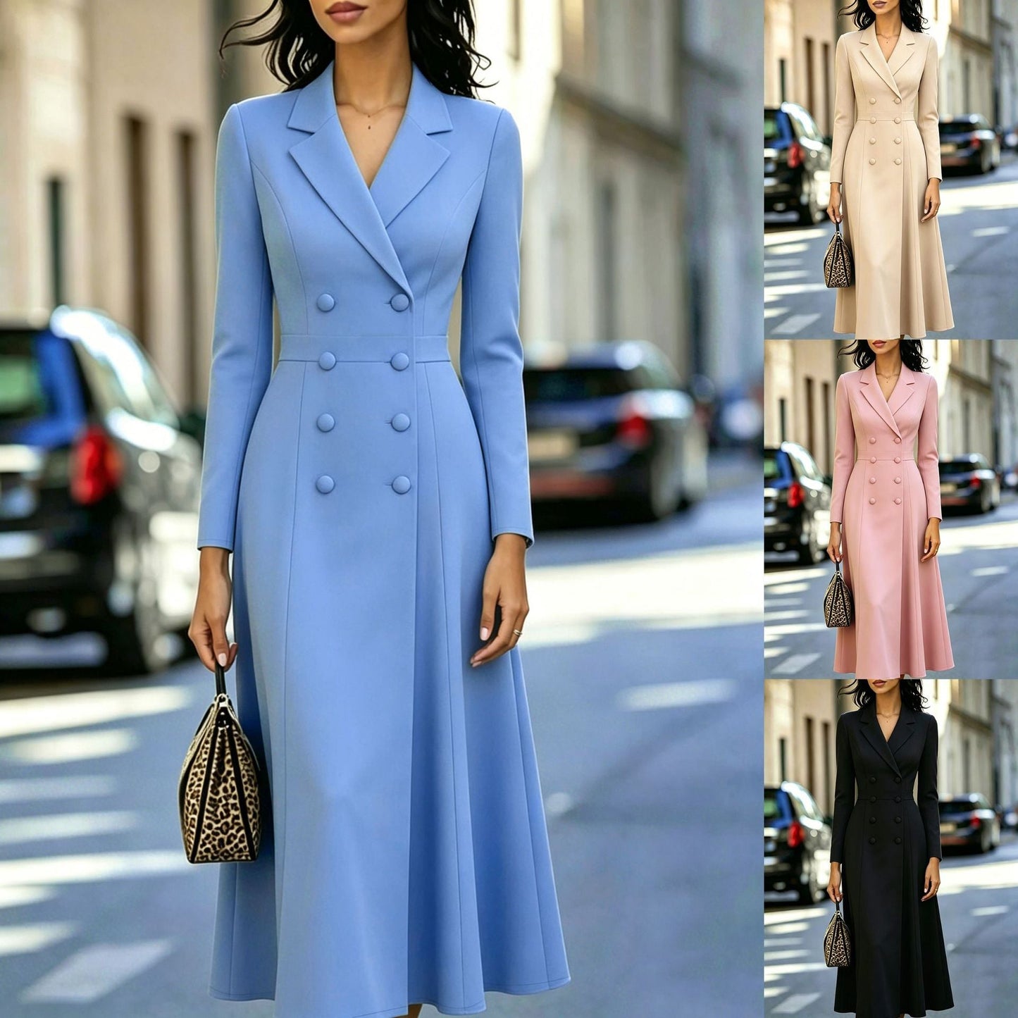 Elegant Double-breasted Tailored Long Dress With A Cinched Waist And A Flared Skirt NorixaFashion.com